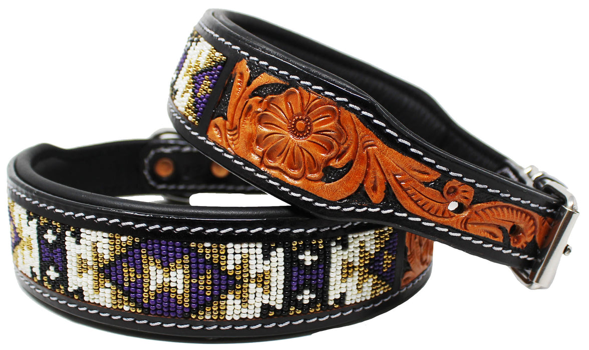 Padded Leather Dog Collar Beaded Floral Hand Tooled 60173