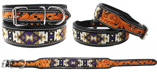 Padded Leather Dog Collar Beaded Floral Hand Tooled 60173