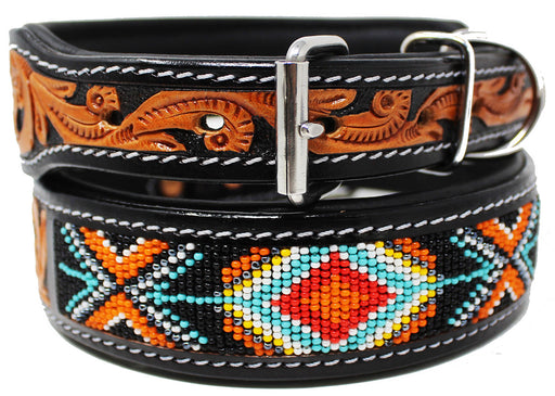 Padded Leather Dog Collar Beaded Floral Hand Tooled 60174