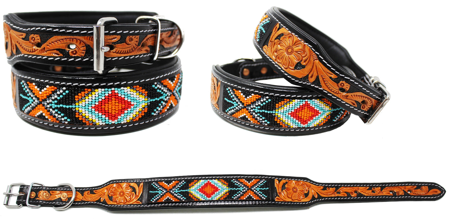 Padded Leather Dog Collar Beaded Floral Hand Tooled 60174