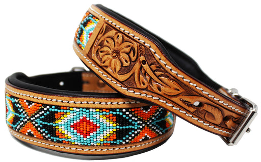Padded Leather Dog Collar Beaded Floral Hand Tooled 60175