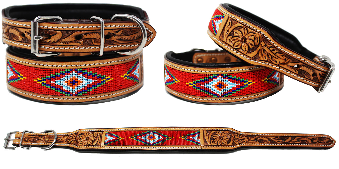 Padded Leather Dog Collar Beaded Floral Hand Tooled 60176