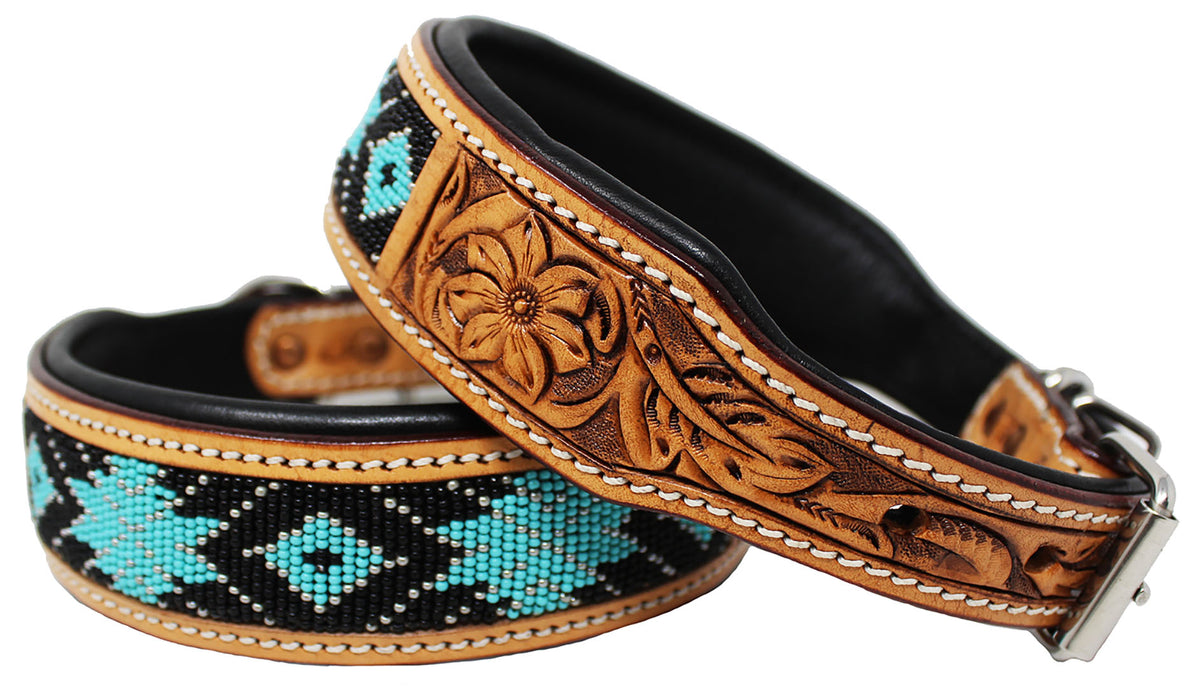 Padded Leather Dog Collar Beaded Floral Hand Tooled 60177