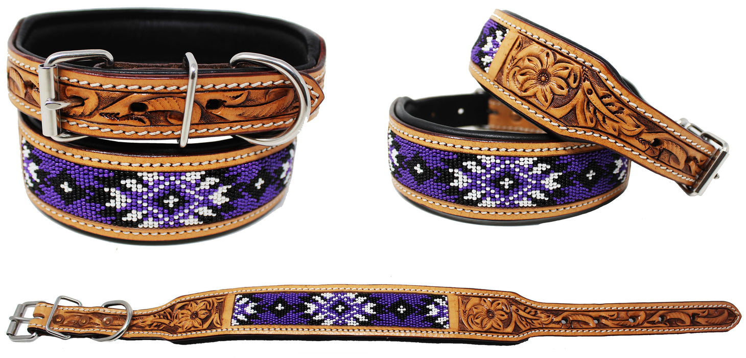 Padded Leather Dog Collar Beaded Floral Hand Tooled 60178
