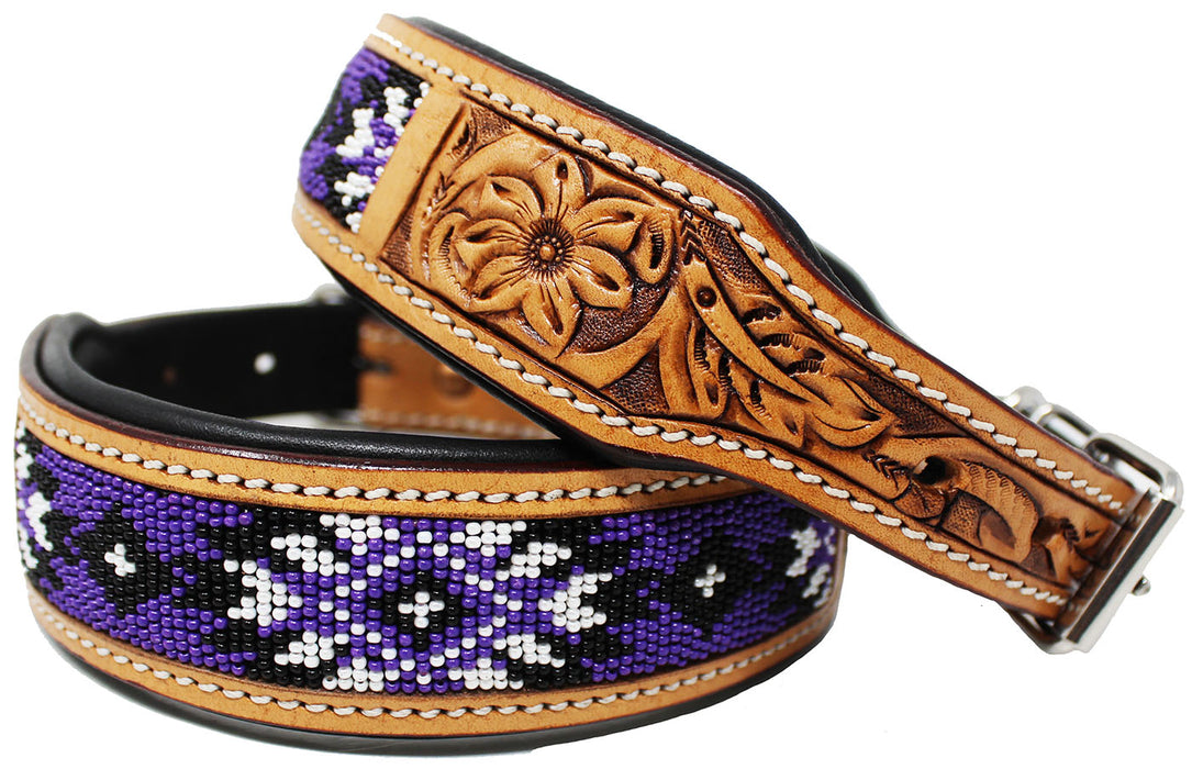 Padded Leather Dog Collar Beaded Floral Hand Tooled 60178
