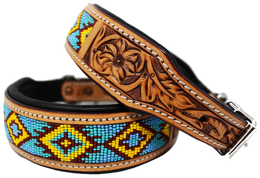 Padded Leather Dog Collar Beaded Floral Hand Tooled 60179