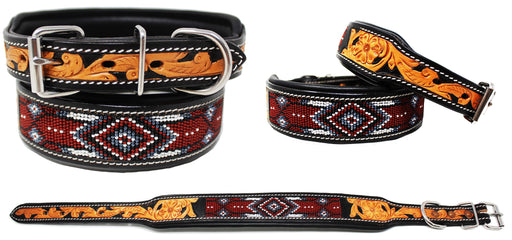 Hand Tooled Floral Padded Leather Beaded Dog Collar Beaded 60181