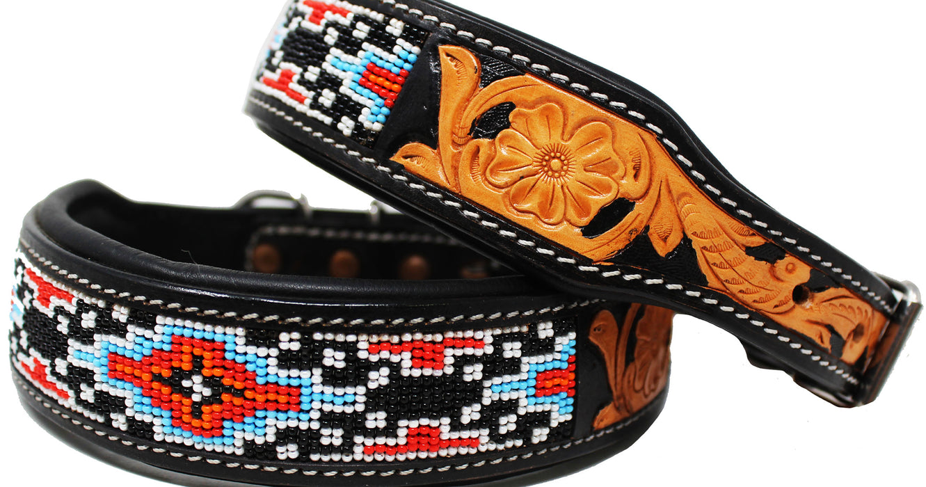 Hand Tooled Floral Padded Leather Beaded Dog Collar Beaded 60182