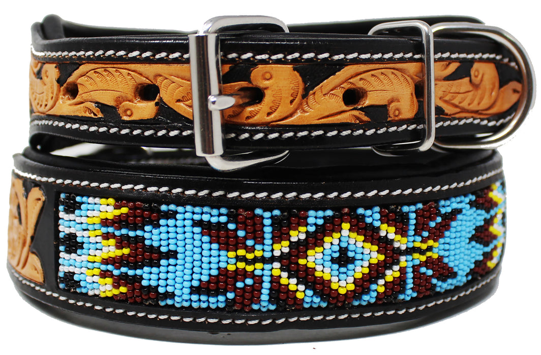 Hand Tooled Floral Padded Leather Beaded Dog Collar Beaded 60183