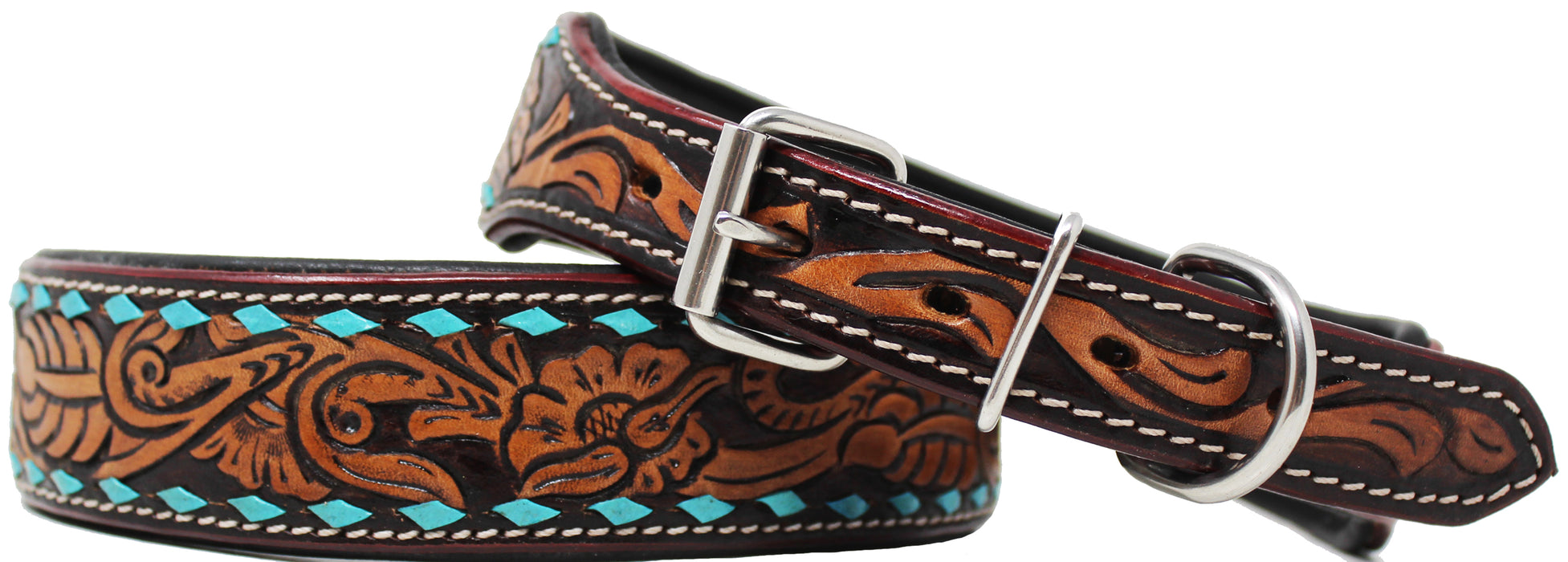 Padded Floral Leather Turquoise Buckstitch Dog Collar  60185