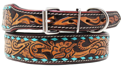 Padded Floral Leather Turquoise Buckstitch Dog Collar  60185