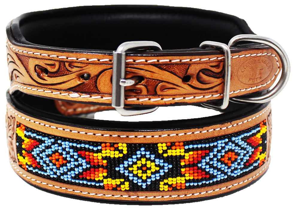 Handmade Beaded Padded Floral Tooled Leather Dog Collar 60187