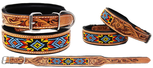 Handmade Beaded Padded Floral Tooled Leather Dog Collar 60187