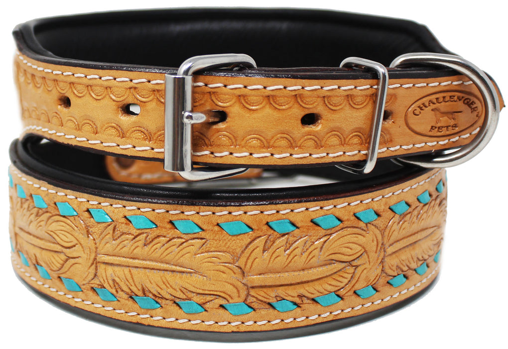 Turquoise Buckstich Padded Floral Leather Dog Collar 60188