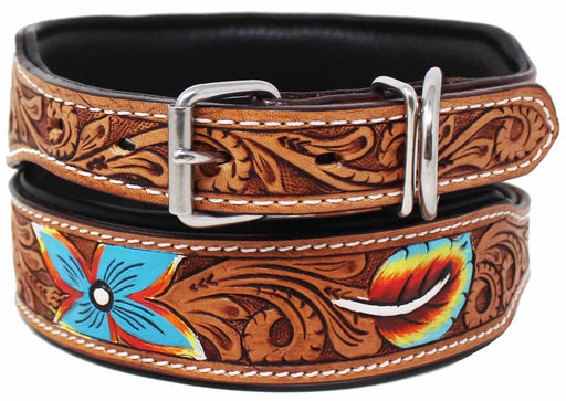 Hand Tooled Painted Padded Floral Leather Dog Collar 60189