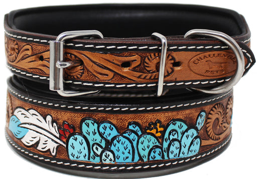 Turquoise Cactus Padded Floral Leather Dog Collar 60190