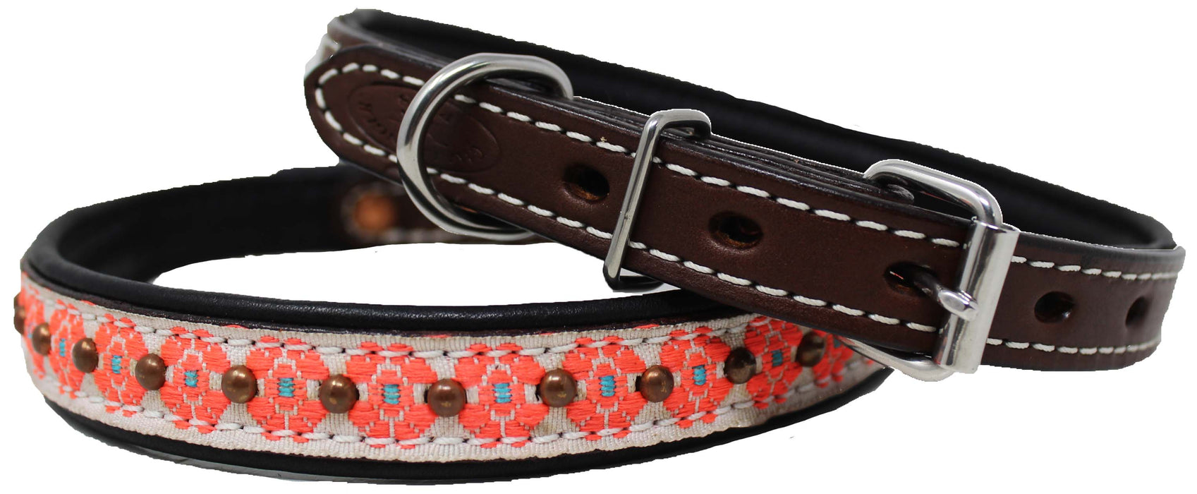 1" Wide Pink Flower Embroidered Padded Leather Studded Dog Collar 60194