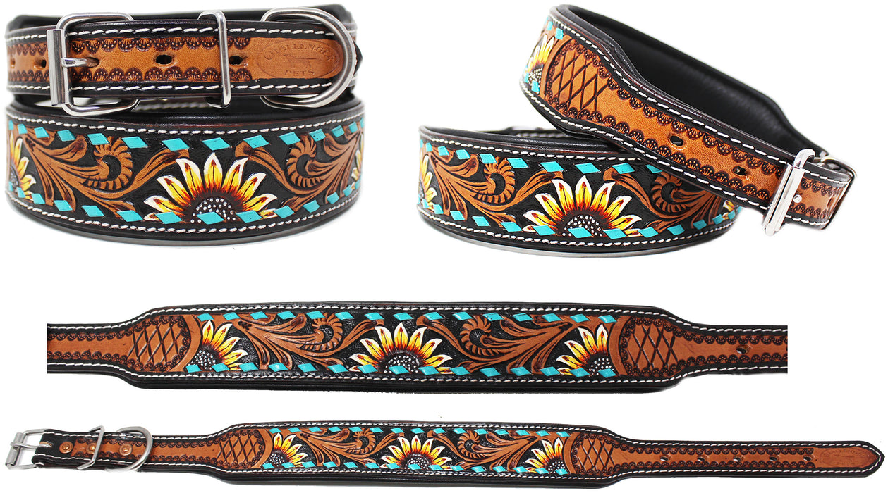 Sun Flower Tooled Padded Leather Dog Puppy Collar 60198
