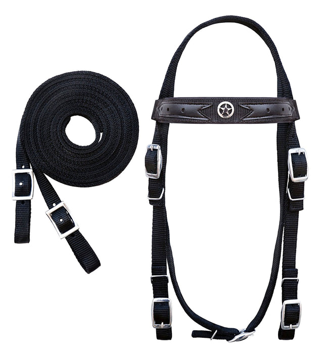 Horse Western 3-Piece Nylon Bridle Breast Collar Reins Tack Set Texas Star  601J01