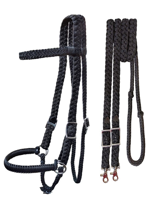 Challenger Horse Braided Nylon Sidepull Bitless Halter Bridle Combo with Reins Turquoise Black 601RS02TR