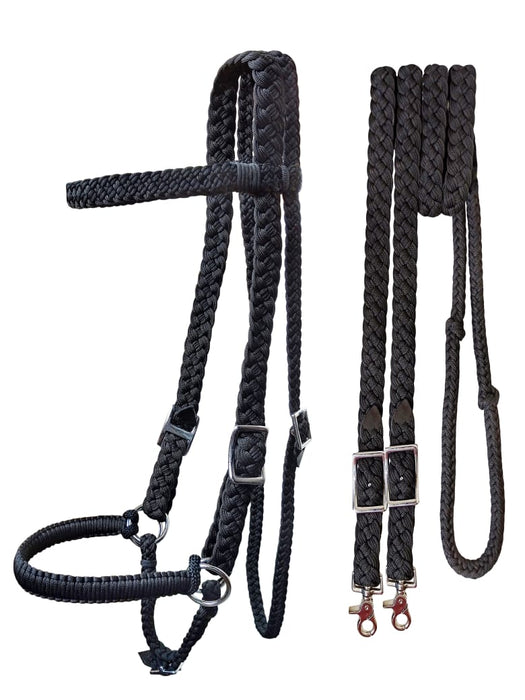 Challenger Horse Braided Nylon Sidepull Bitless Halter Bridle Combo with Reins Turquoise Black 601RS02TR