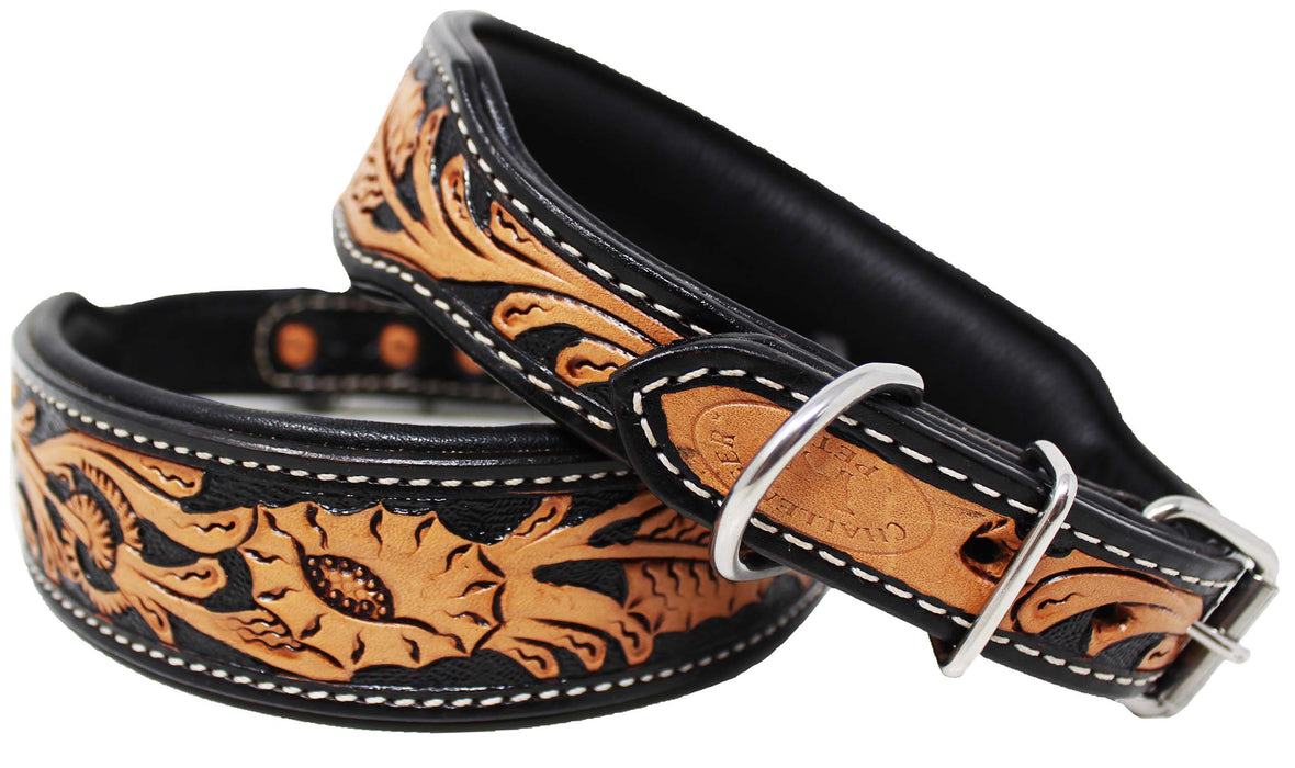 Handcrafted Padded Black Leather Flower Tooled Dog Collar 60203