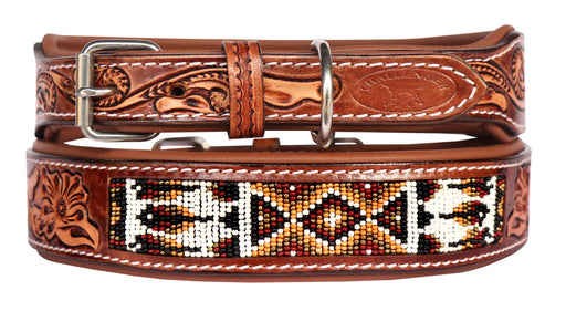Handcrafted Padded Tan Leather Floral Tooled Beaded Dog Collar 60204