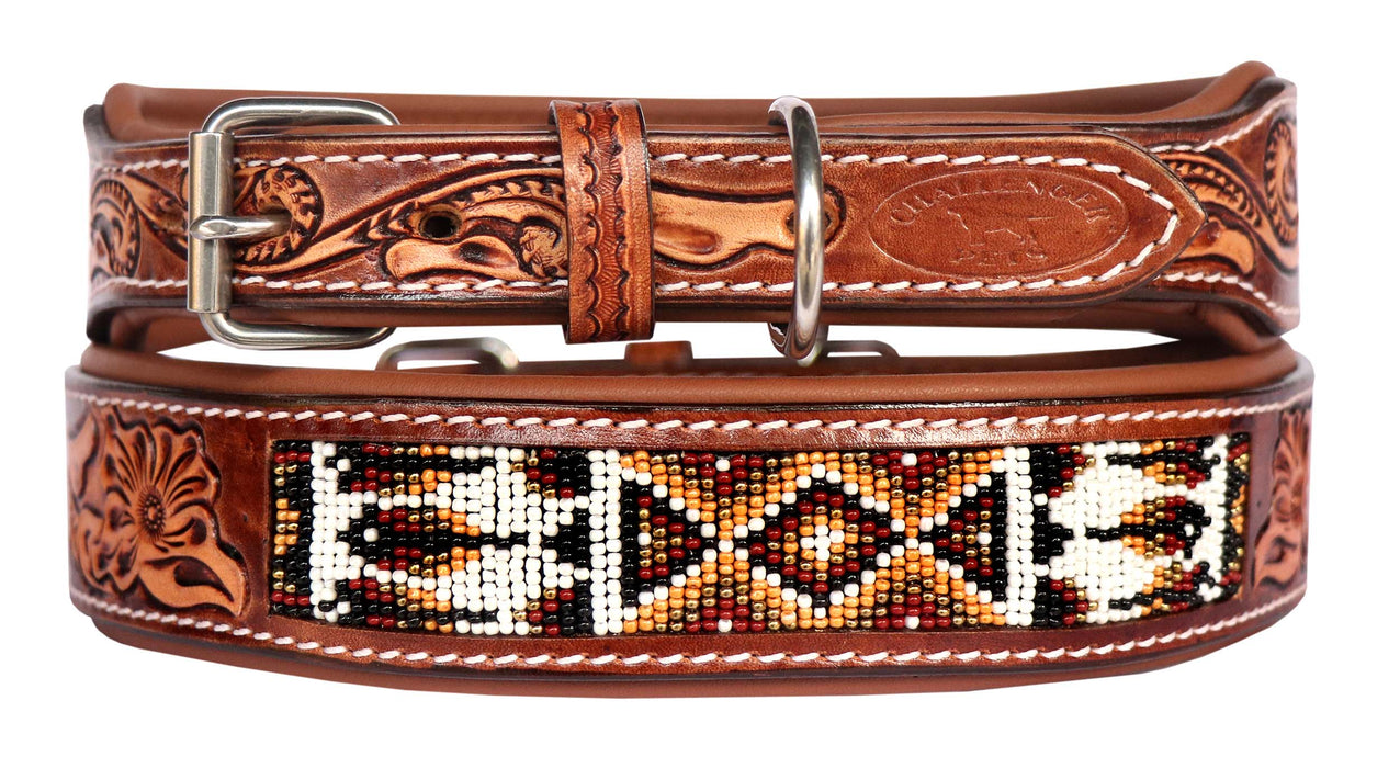 Handcrafted Padded Tan Leather Floral Tooled Beaded Dog Collar 60204