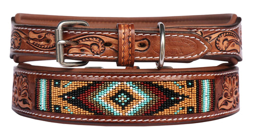 Handcrafted Padded Tan Leather Floral Tooled Beaded Dog Collar 60205