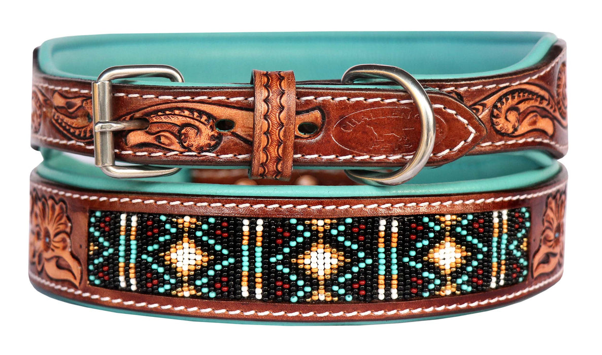 Handcrafted Padded Tan Leather Floral Tooled Beaded Dog Collar 60206