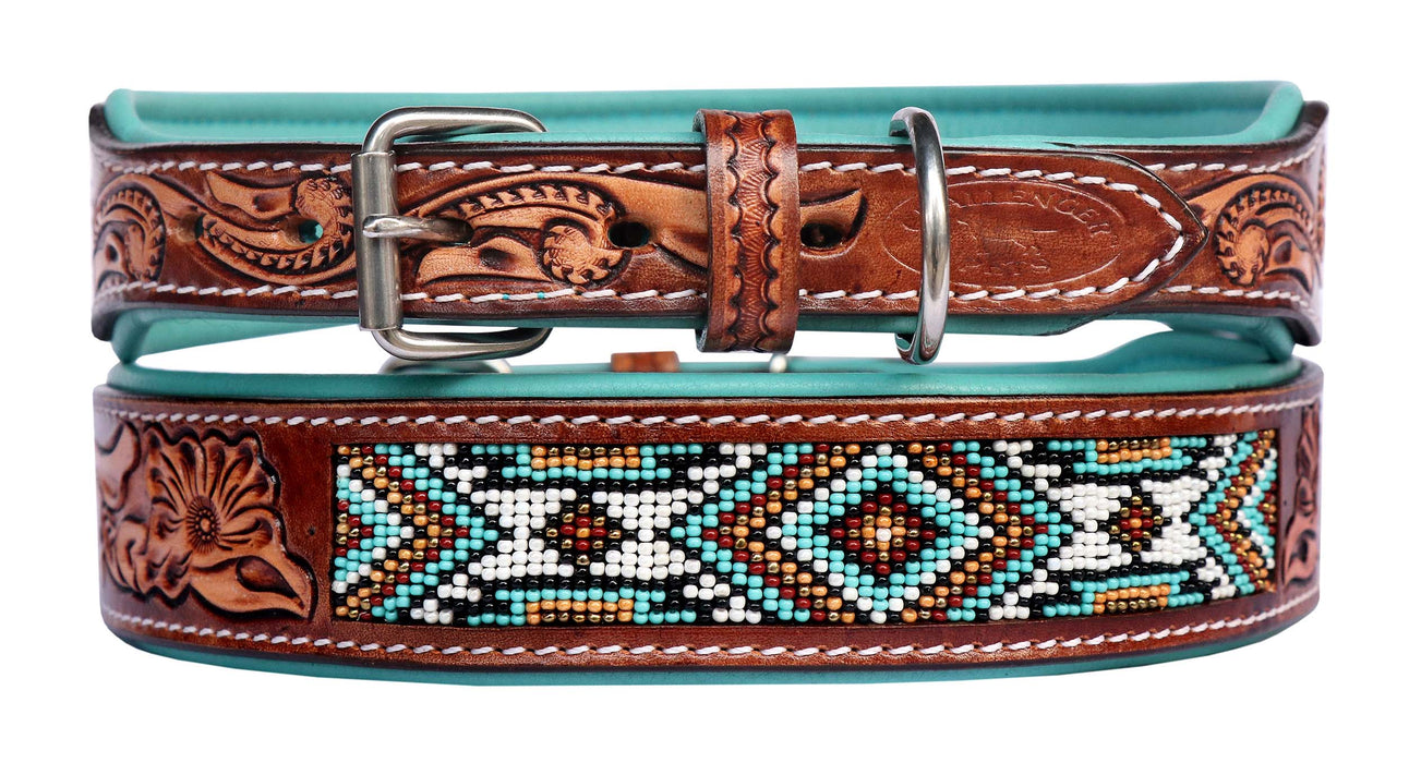 Handcrafted Padded Tan Leather Floral Tooled Beaded Dog Collar 60207
