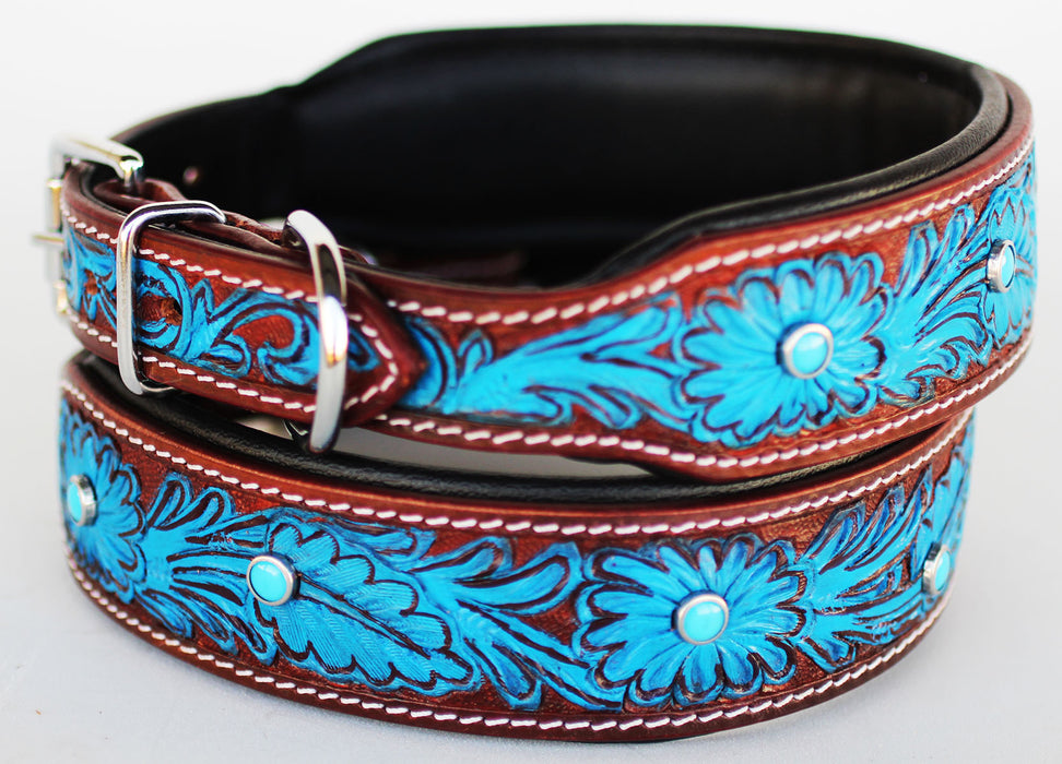 Dog Puppy Collar Blue Genuine Cow Leather Padded Canine