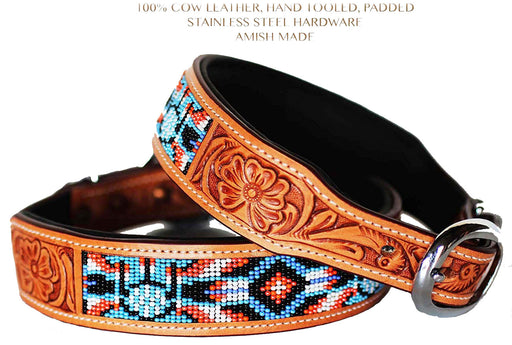 Full-Grain Genuine Padded Leather Beaded  Dog Puppy Collar 6044