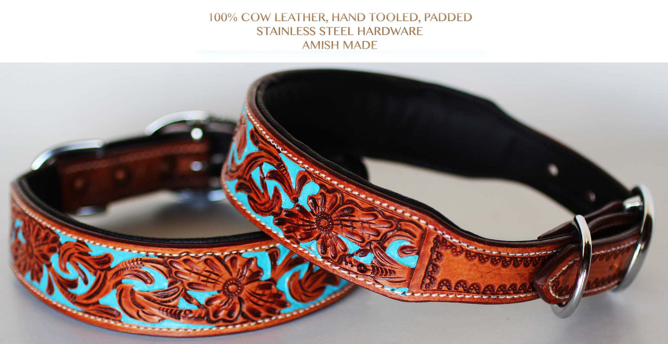 Large 21''- 25'' Dog Puppy Collar Hand Tooled and Painted Cow Leather Western 6047