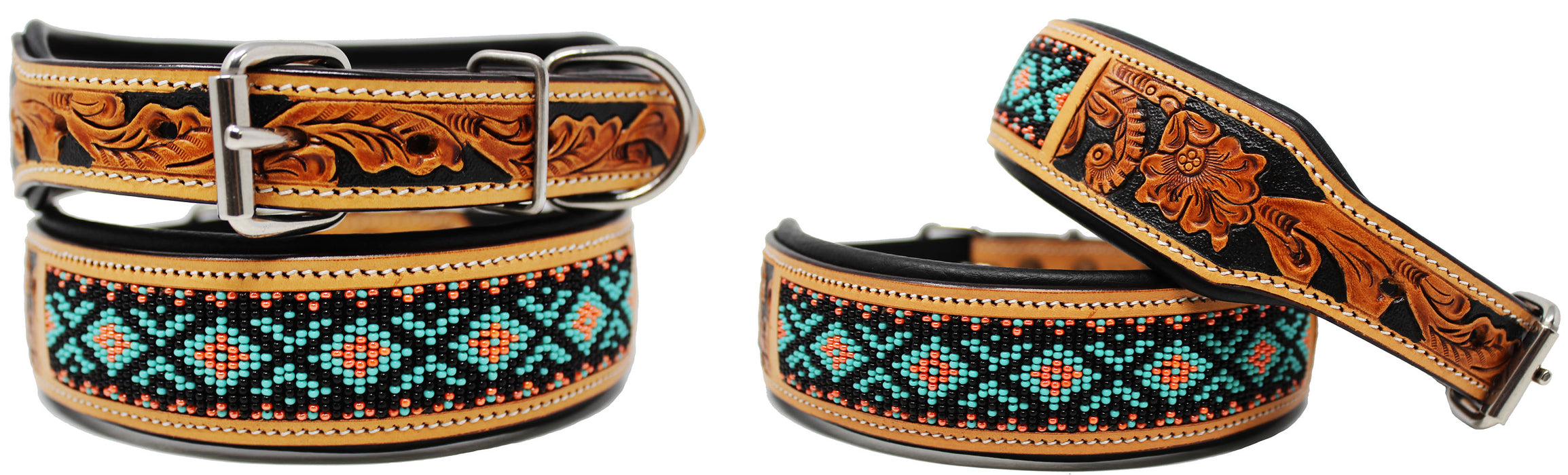 Challenger Hand Tooled 100% Leather Puppy Dog Collar Adjustable Padded Canine 6057