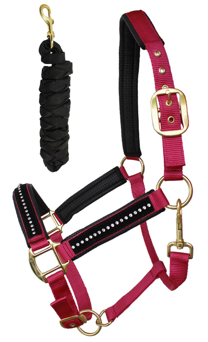 Nylon Horse Halter Neoprene Padded Lead Rope Brass Hardware Rhinestones 606172