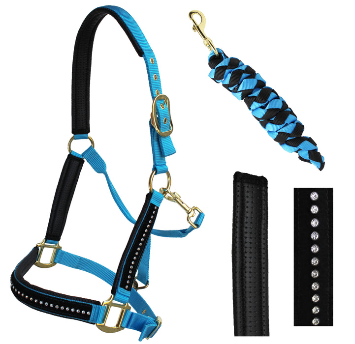 Nylon Horse Halter Neoprene Padded Lead Rope Brass Hardware Rhinestones 606172