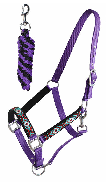 Nylon Horse Beaded Halter Nickle Plated Hardware w/ Lead Rope Tack Blue 606175