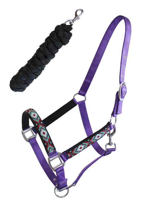 Nylon Horse Beaded Halter Nickle Plated Hardware w/ Lead Rope Tack Blue 606175
