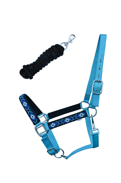 Nylon Horse Beaded Halter Nickle Plated Hardware w/ Lead Rope Tack Blue 606175