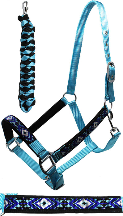 Nylon Horse Beaded Halter Nickle Plated Hardware w/ Lead Rope Tack Blue 606175