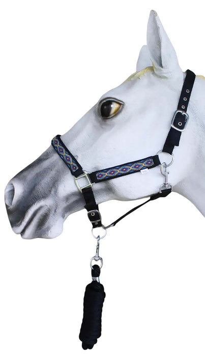 Horse Nylon Neoprene Comfort Adjustable Halter w/ Lead Black 606205-6