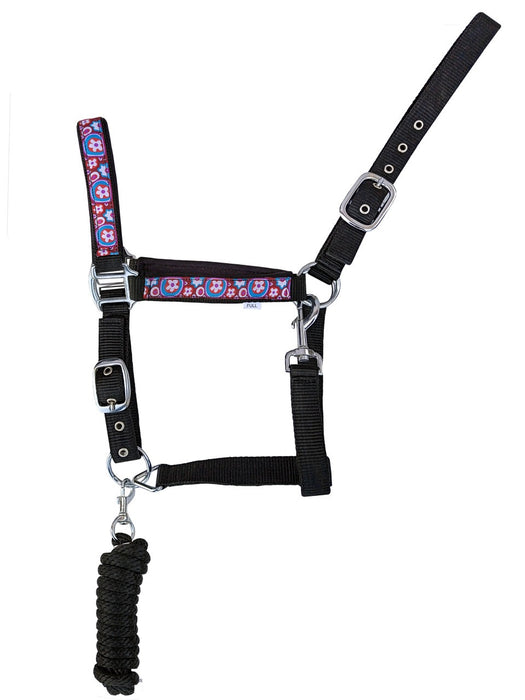 Horse Nylon Neoprene Comfort Adjustable Halter w/ Lead Black 606205-6