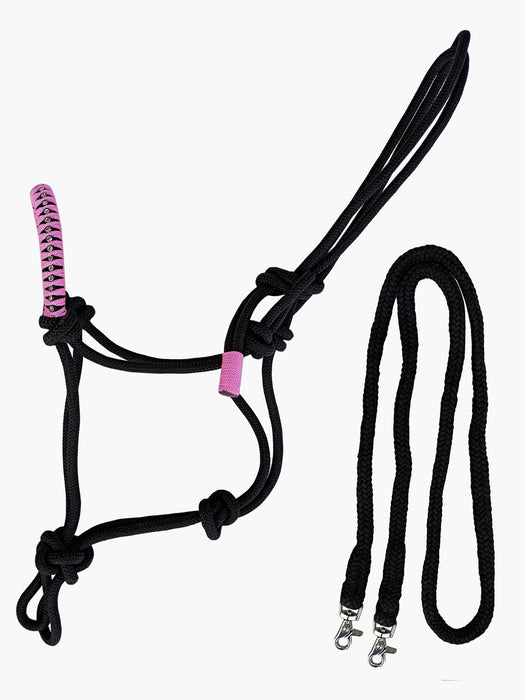 Horse Nylon Braided Rhinestone Noseband Rope Halter w/reins Pink 606208PK