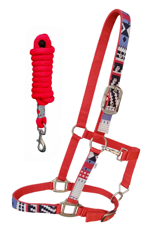 Cob Horse Red Nylon Geometric Pattern Inlay Adjustable Halter w/ Lead Rope 606210RD
