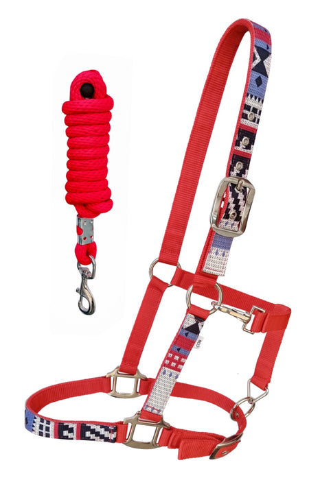 Cob Horse Red Nylon Geometric Pattern Inlay Adjustable Halter w/ Lead Rope 606210RD
