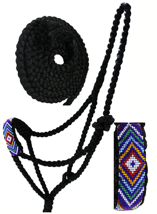 Nylon Horse Western Rope Halter Lead Beaded Noseband 606RTBeadedBlack