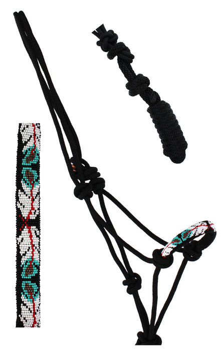 Nylon Horse Braided Beaded Noseband Rope HALTER Lead Rope Tack Black 606RT31