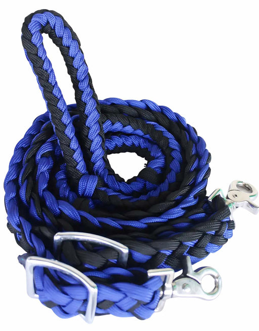 Challenger Horse Nylon Braided Roping Knotted Barrel Reins Royal Blue 60704