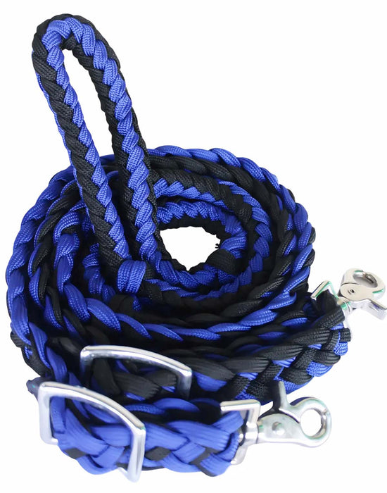 Challenger Horse Nylon Braided Roping Knotted Barrel Reins Royal Blue 60704